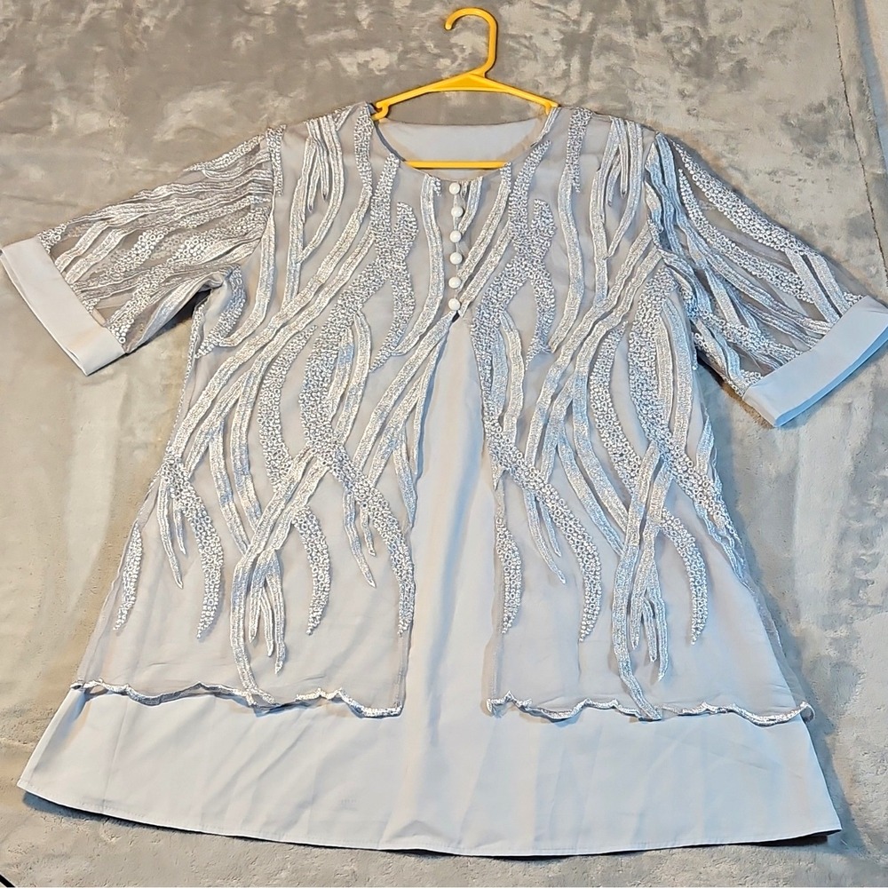 Womens Mesh Tunic Blouse M Silver Gray Beaded Sheer Button 3/4 Sleeve